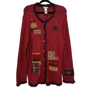 Vintage‎ Granny Cardigan Sweater Burgundy Size 1X Embroidered Patchwork Fur Trim